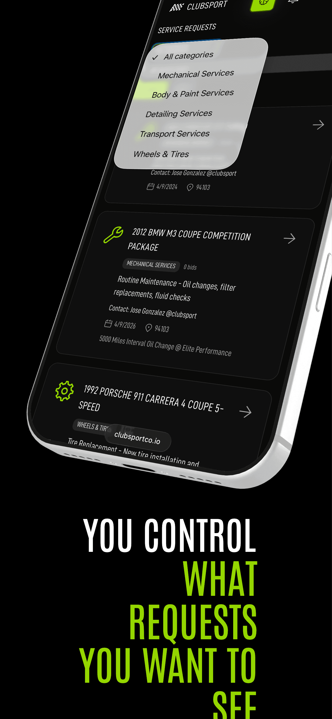 ClubSport service categories — app preview