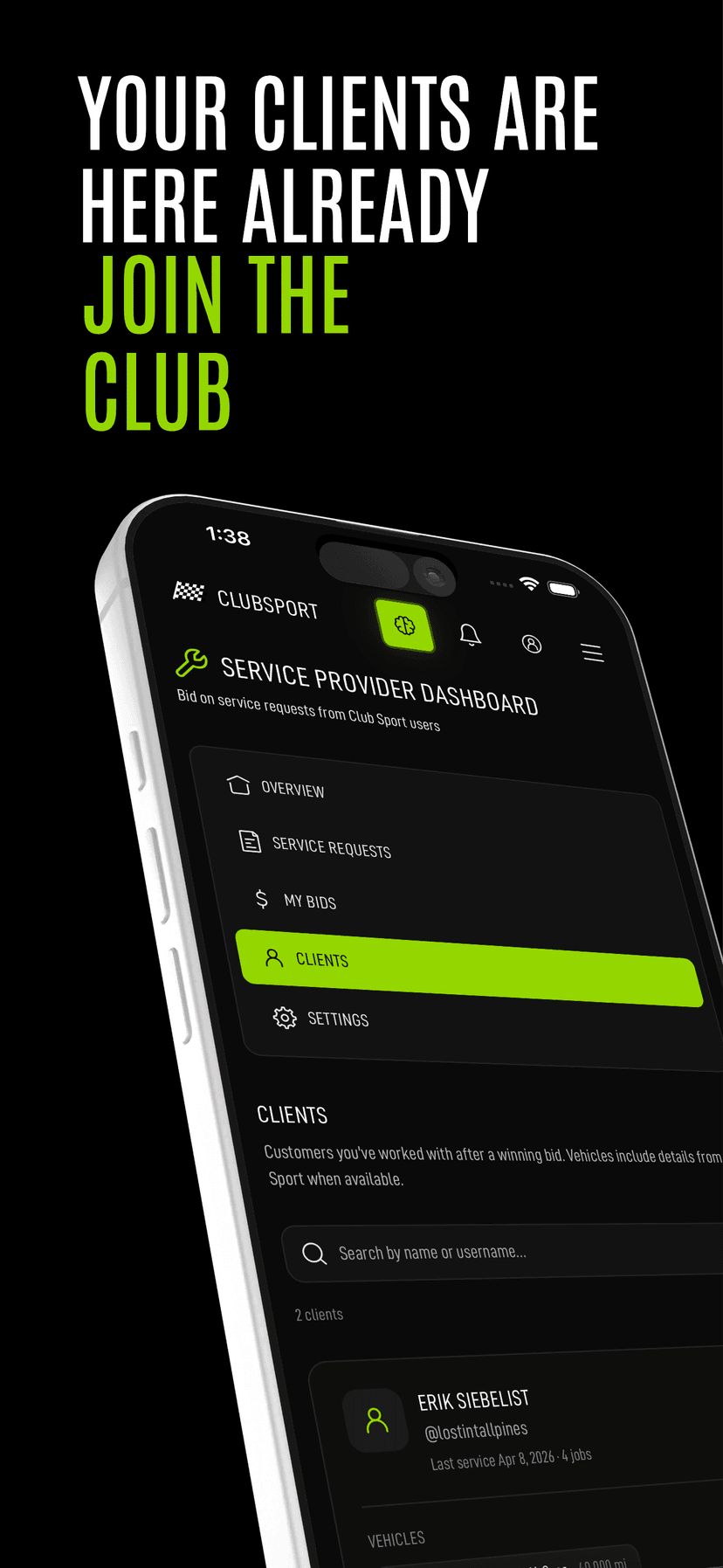 ClubSport Service Provider Dashboard overview on iPhone